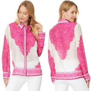 Lilly Pulitzer Kiran Button Down Top Womens Sz L Western Glam Pink White NEW